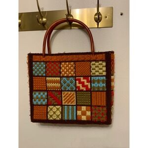 Handmade Patchwork‎ knit Tote Bag purse Tortoise Shell Handles Vintage Unique